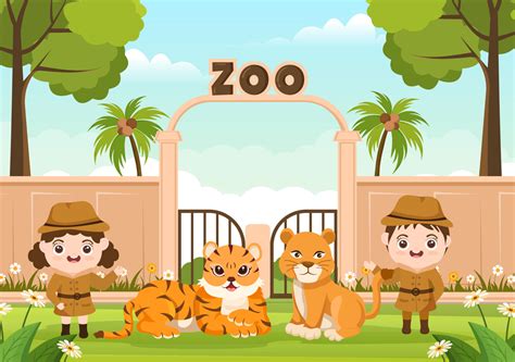 Zoo Cartoon Illustration With Safari Animals Lion Tiger Cage And