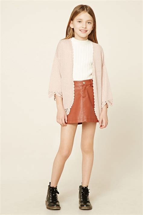 Forever 21 Girls A Ribbed Knit Cardigan Featuring Scalloped Crochet Trim An Open Front And