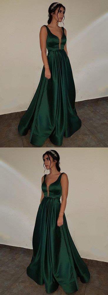 Dark Green Satin V Neck Prom Dresses Long Backless Evening Gowns On