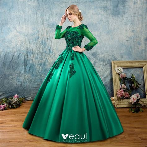 Chic Beautiful Dark Green Prom Dresses 2017 Ball Gown Scoop Neck Long Sleeve Appliques Flower