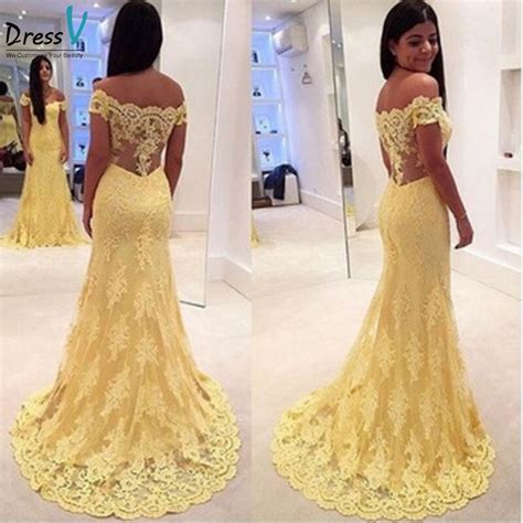 Elegant Yellow Mermaid Long Lace Prom Dresses 2017 Off The Shoulder Zipper Up Floor Length Sweep