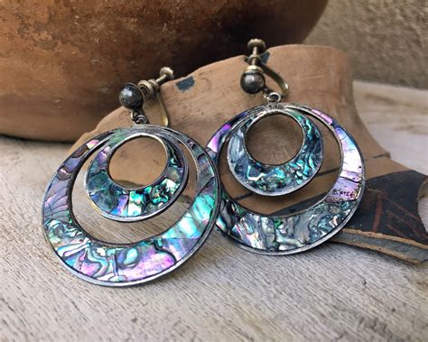 1960s Screw Back Earrings Sterling Silver Hoops With Abalone Shell