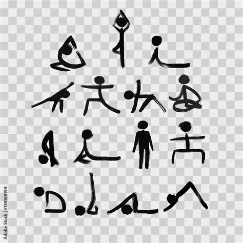 Stick Figures In Different Yoga Poses Created By Dry Brush Grunge Calligraphy Style Stock