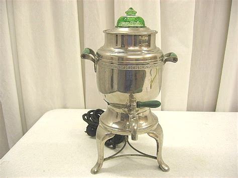 Silver Plated Coffee Maker With Green Depression Lid For Sale