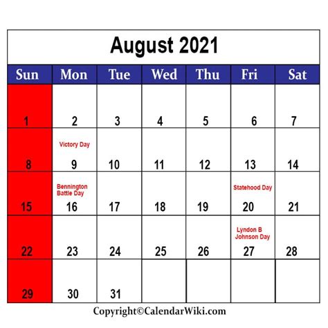 August 2021 Calendar With Holidays Printable