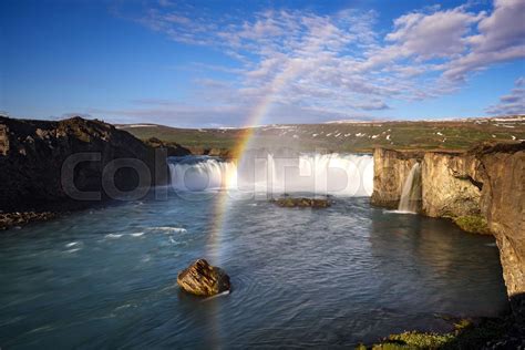 Godafoss Waterfall With Rainbow Iceland Stock Image Colourbox
