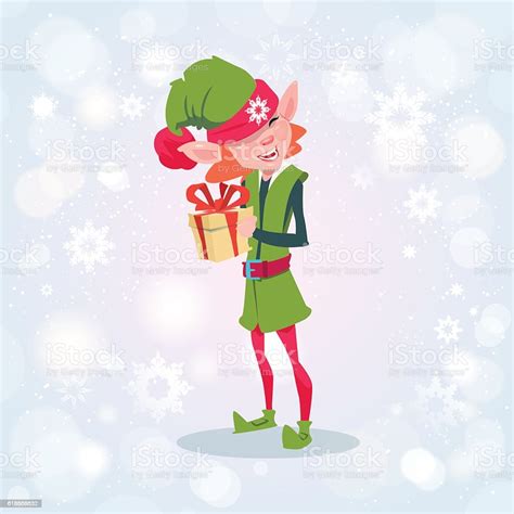 christmas elf girl cartoon character santa helper hold present box stock illustration download