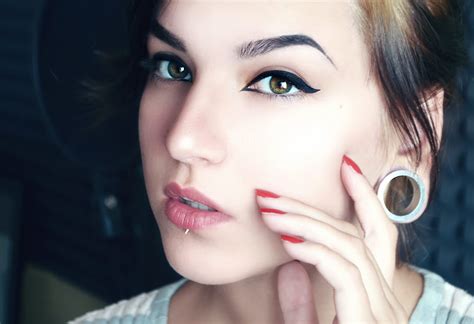 wallpaper face women model glasses red makeup blue pierced lip mouth nose emotion