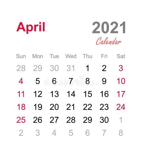 Avril 2021 Calendrier Calibre Mensuel De Calendrier Calendrier 2021