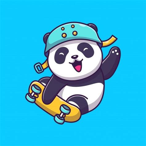 Cute Panda Play Skateboard Icon Illustration Panda Mascot