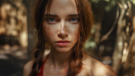 women model face redhead women outdoors freckles braids bare shoulders blue eyes