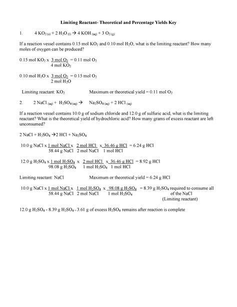 Limiting Reactant Worksheet Answers