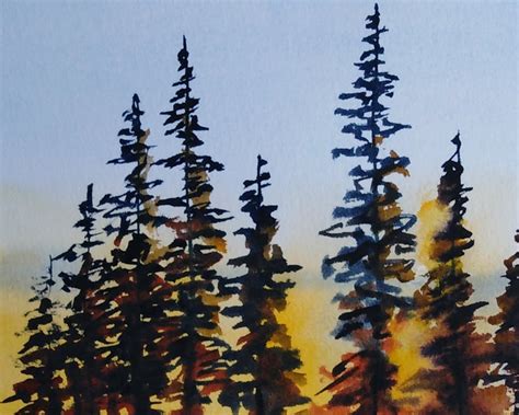 Pine Tree Painting Sunset Original Watercolor Pacific Etsy
