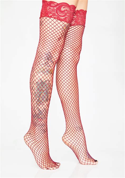 Red Lace Fishnet Thigh High Tights Dolls Kill