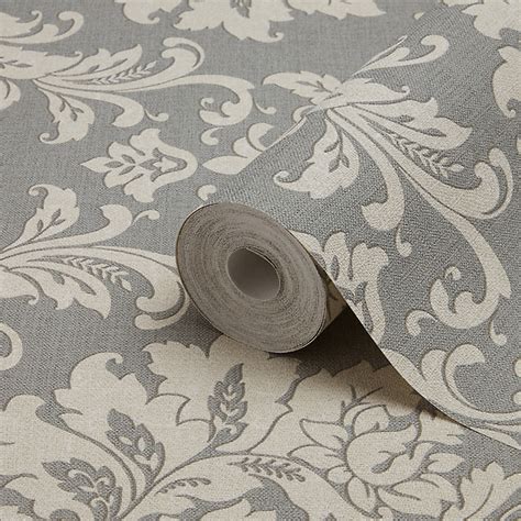 Goodhome Mire Grey Damask Woven Effect Textured Wallpaper