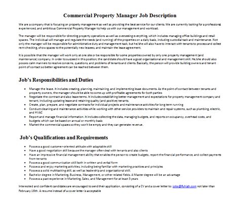 Establishes rental rate by surveying local rental rates and calculating overhead costs, depreciation, taxes, and profit goals. Commercial Property Manager Job Description | Mous Syusa