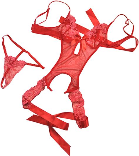 Womens Sexy Lingerie Mesh Dress G String Nightwear Halter Bra Red One Size