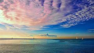 pink, white, blue, cloudy, sky, above, calm, ocean, hd, nature