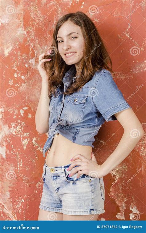 Cheerful Young Teen Girl In Denim Shorts Stock Photo Image Of Ideas