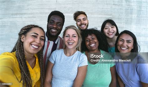 Group Multiracial Friends Having Fun Outdoor Happy Mixed Race People Taking Selfie Together