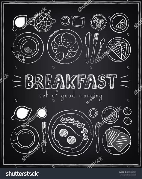 Vintage Poster Breakfast Menu Set On The Chalkboard Sketches For
