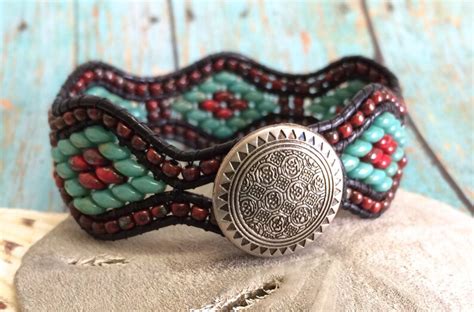 Beaded Leather Cuff Bracelet Turquoise Red Picassosuper Duo Etsy