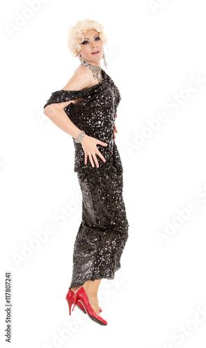 Portrait Drag Queen In Black Evening Dress Performing Stock Photo
