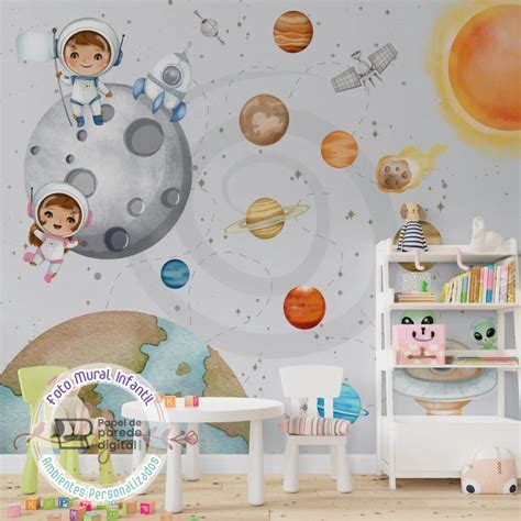 Papel De Parede Foto Mural Infantil Astronautas Menino E Menina