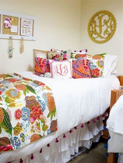 patterned bedding looks super cute in preppy dorm rooms dorm room hacks dorm room decor