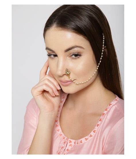 Gold Plated Kundan Nose Ringnath With Pearl Chain For Womengirls Buy Gold Plated Kundan Nose