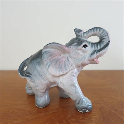 Grey Vintage Ceramic Elephant Figurine Raised Trunk Kitschy
