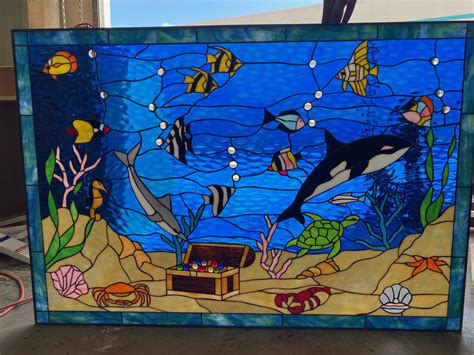 Large Dolphin Sea Life And Treasure Chest Stained Glass