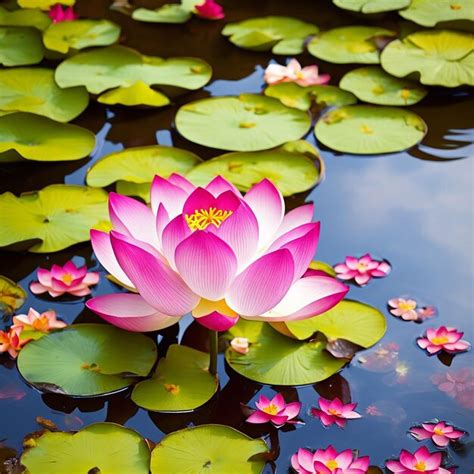 Premium Ai Image Colorful Lotus Flower Floating In Water With Floral