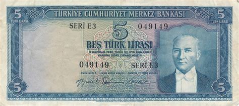 Türkei 5 Lira 1959 1930 Banknote Bes Türk Lirasi Türkiye Cumhuriyeti