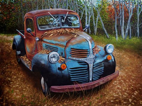 Fallen Leaf Classic Car Art Oil Painting On Wood Panel Carart