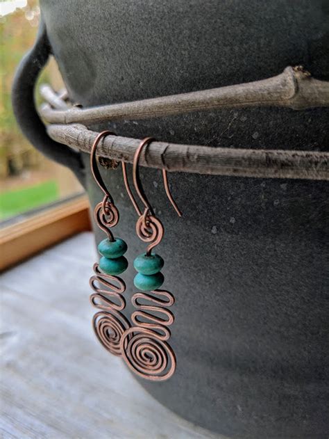 Copper Spiral And Turquoise Beaded Dangle Earrings Fun Funky Etsy