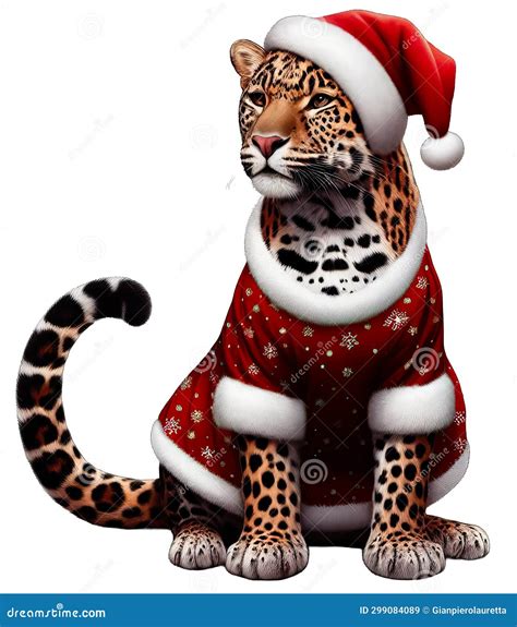 A Cute Leopard In Christmas Clothes On White Background With Png File