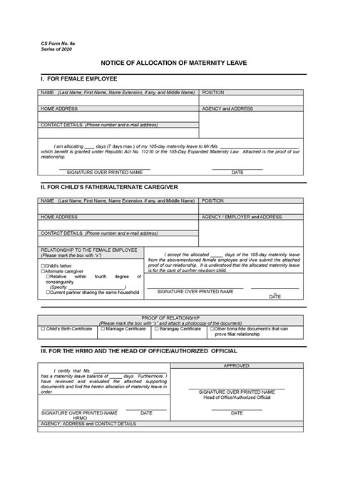 CS Form No. 6a, s. 2020 (Notice of Allocation of Maternity Leave