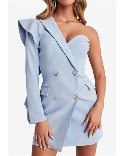 Lavish Alice Synthetic One Shoulder Mini Blazer Dress In Light Blue