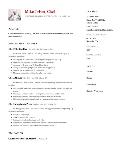 Free 9 Sample Chef Resume Templates In Ms Word Pdf Riset