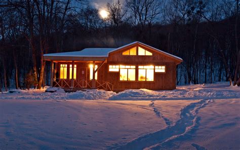 Nature Winter Snow House House Light Traces Tree Night Sky