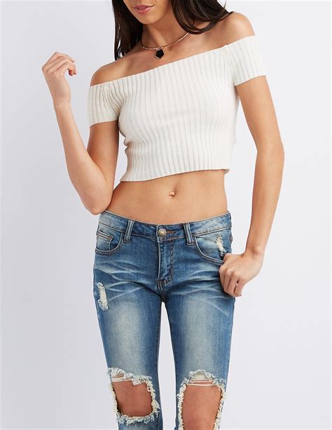 Off The Shoulder Cropped Sweater Cropped Sweater Ribbed Knit Sweater