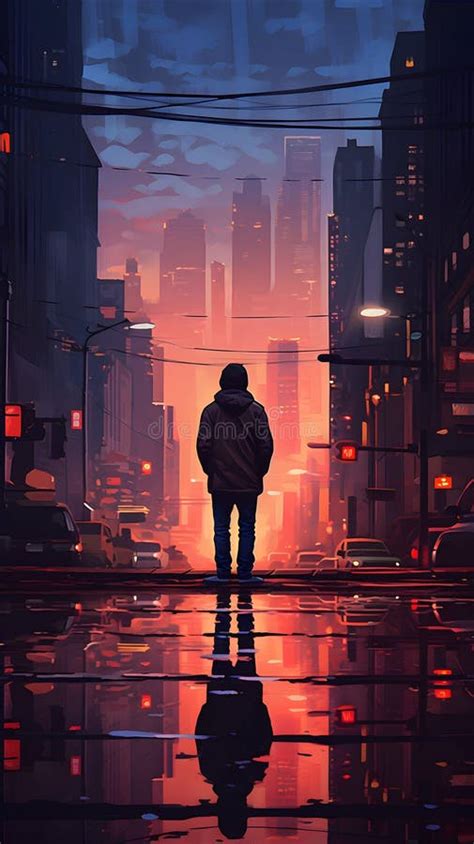 Cyberpunk Wallpaper Of Man Silhouette In The City Stock Illustration