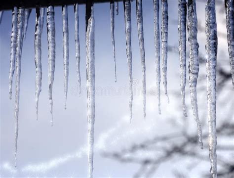Long Icicles On The Roof At The End Of Winter Stock Image Image Of