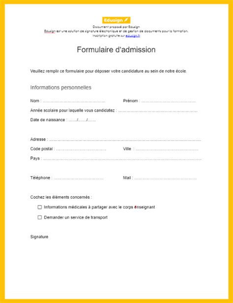 Formulaire Dadmission Modèle Gratuit En Format Word Pdf Edusign