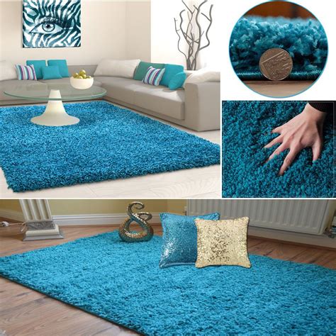 Teal Blue Turquoise Modern Shaggy Rugs Thick Plain Soft Pile Small