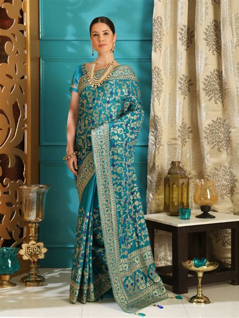 Buy Teal Blue Embroidered Silk Wedding Saree With Blouse Online From