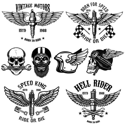Premium Vector Set Of Biker Emblems With Winged Spark Plugs Racer