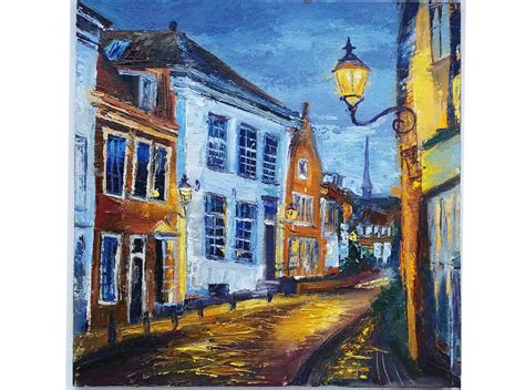 Old Town Original Oil Painting On Canvas Board Evenig Streets Etsy