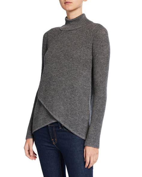 Neiman Marcus Crossover Ribbed Turtleneck Cashmere Sweater In Heather